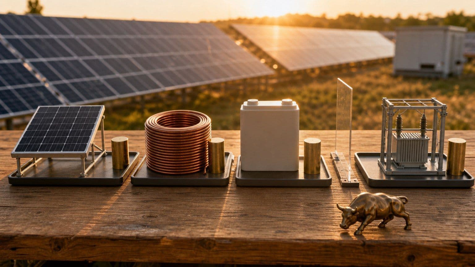 Componente ale industriei solare și investiții sunt aranjate lângă un parc fotovoltaic.