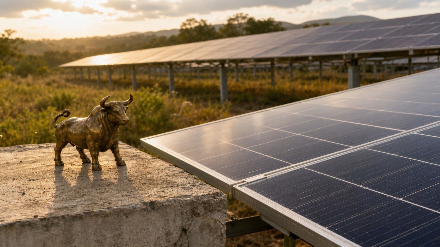 Un taur din alamă lângă un parc fotovoltaic, simbolizând investițiile în acțiuni din energia solară.